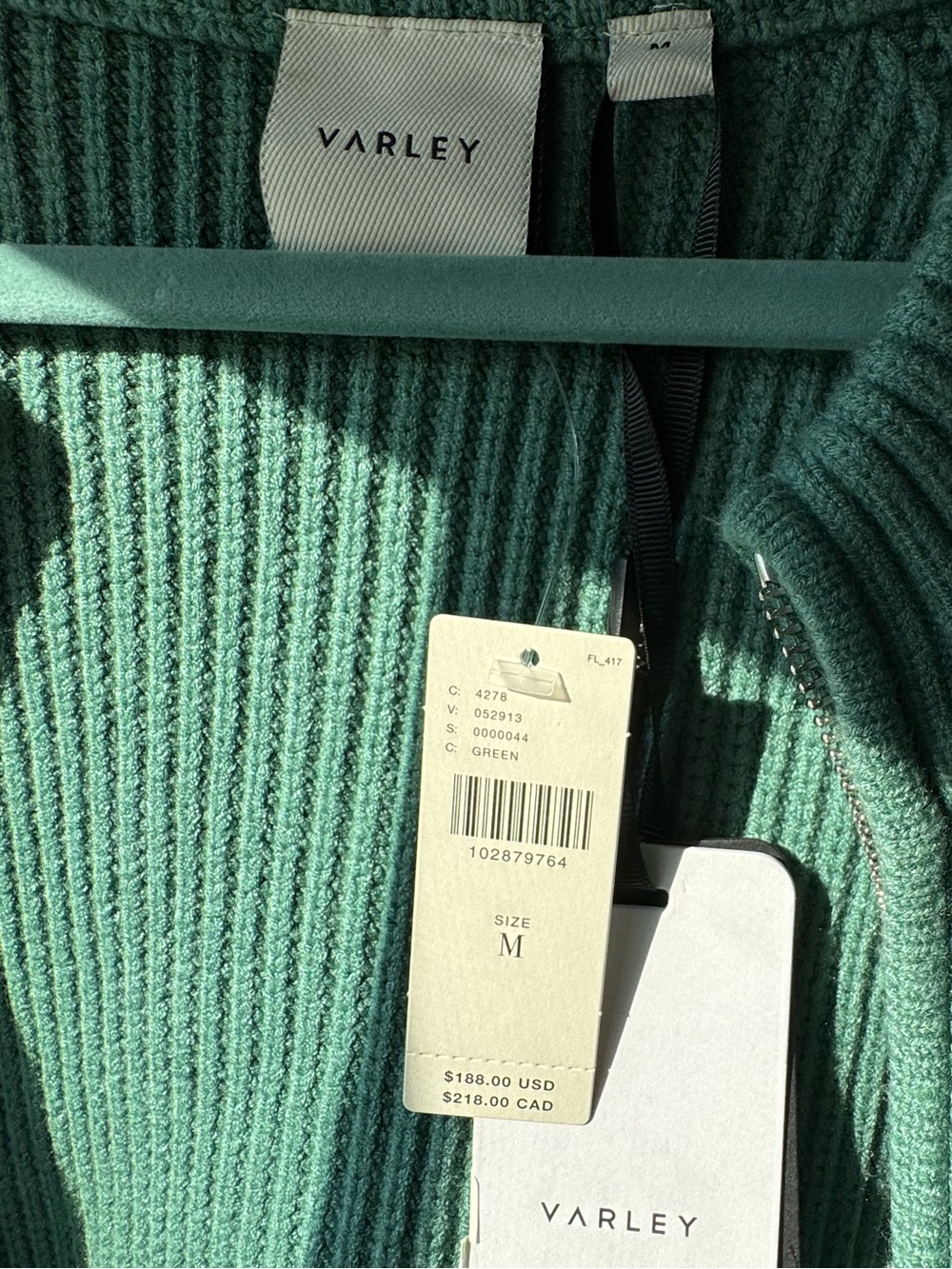 Varley Milo Sage Green Ribbed Zip Cardigan size Med Anthropologie deep sea new - Picture 5 of 10
